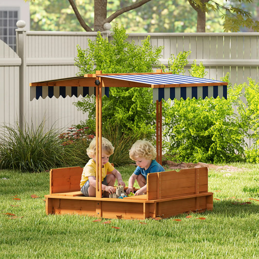 Wooden Kids Sandbox with Cover, Foldable Bench Seats, Adjustable Canopy, Red Sandboxes & Accessories Red, Blue and White Canopy at Gallery Canada