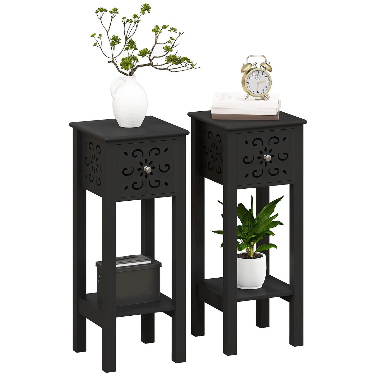 Nightstand Set of 2, Drawer, Open Shelf, Black Side Tables at Gallery Canada