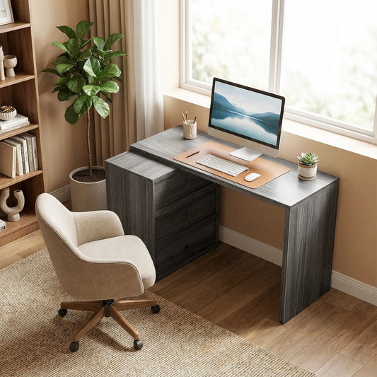 L-Shaped Computer Desk, 3 Drawers, Black Wood Grain, Black Computer Desks Black at Gallery Canada