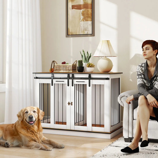 47in Wooden Dog Crate Furniture with Divider Panel, TV Stand, White Houses, Kennels & Pens White at Gallery Canada