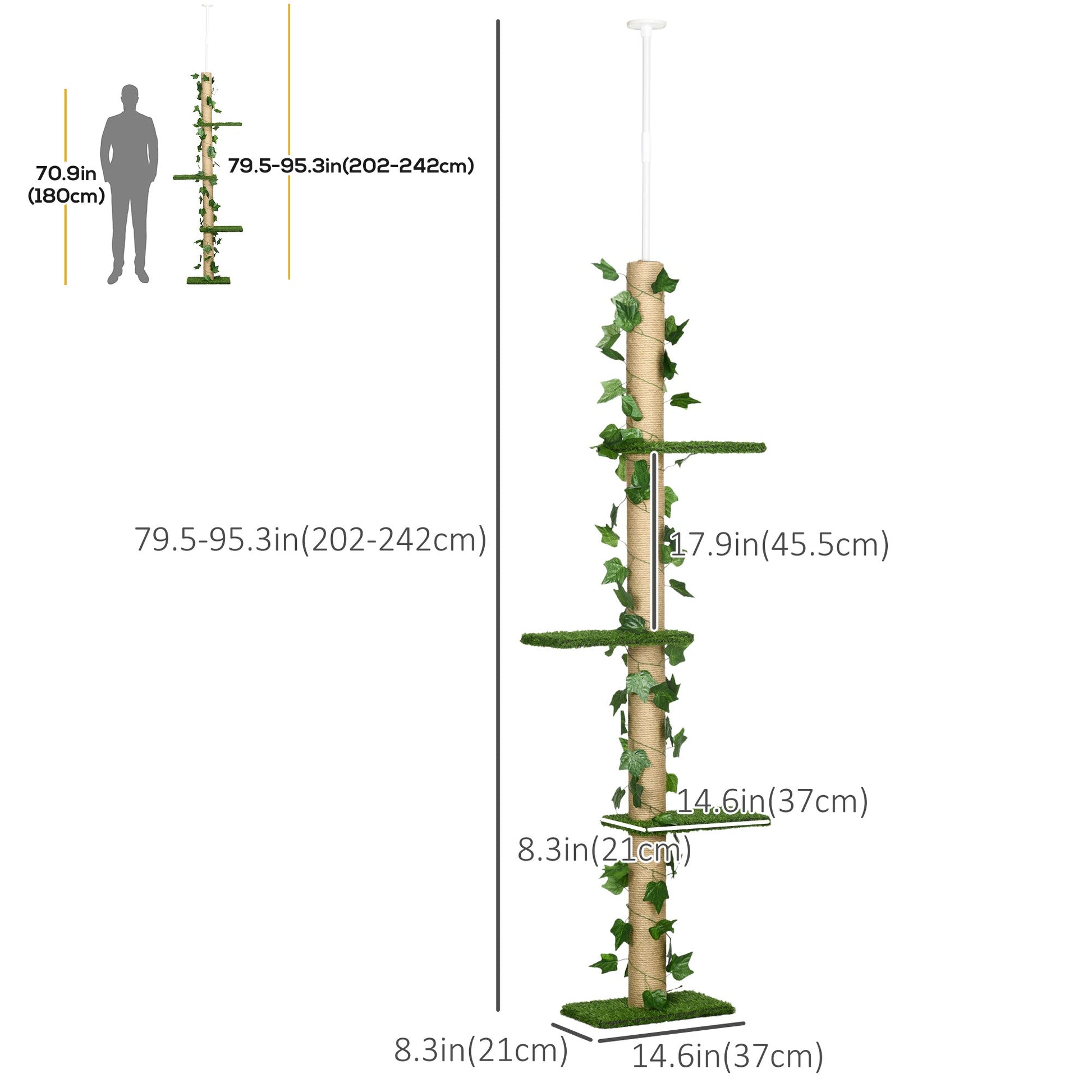 4-Tier Floor to Ceiling Cat Tree, Height(80-95Inches)Adjustable, Tall Cat Tower w/ Anti-Slip Kit, Leaves, Multi-Layer Activity Centre w/ Scratching Post at Gallery Canada