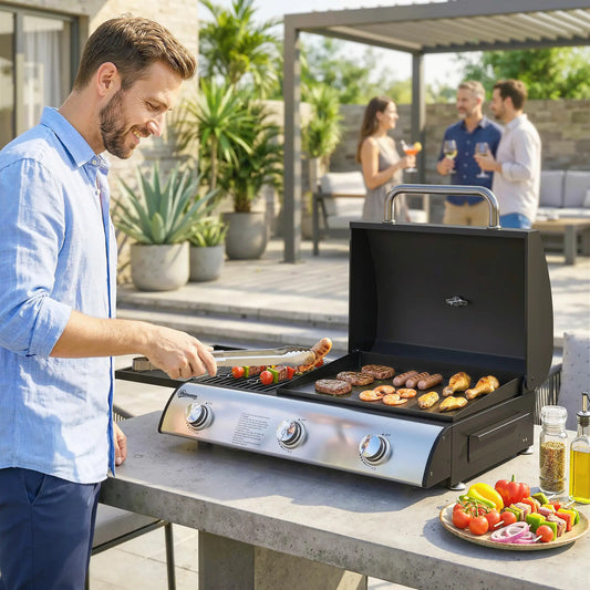 3 Burner Portable Propane Gas Grill Griddle, 28,500 BTU, Black Propane Gas Grills Black at Gallery Canada