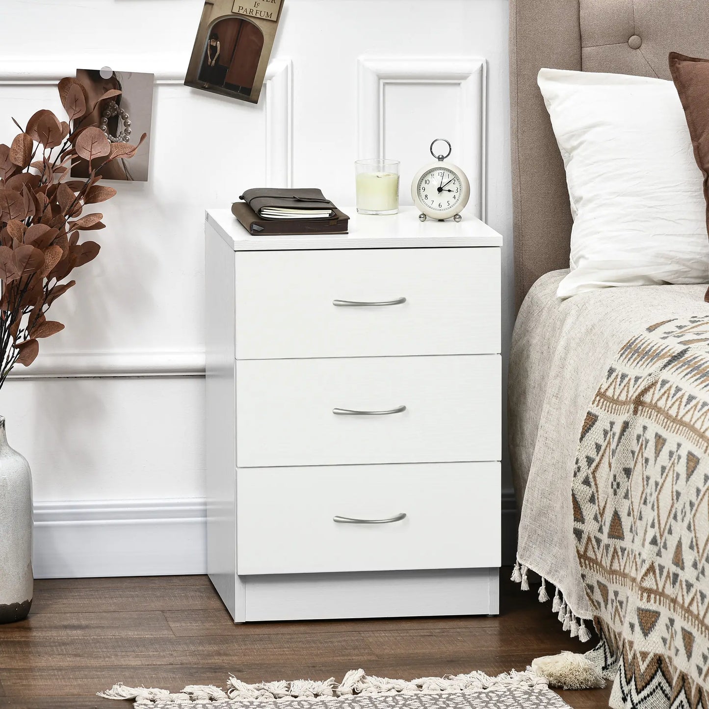 Modern Wood Nightstand, 3 Drawers, Anti-Tipping, White