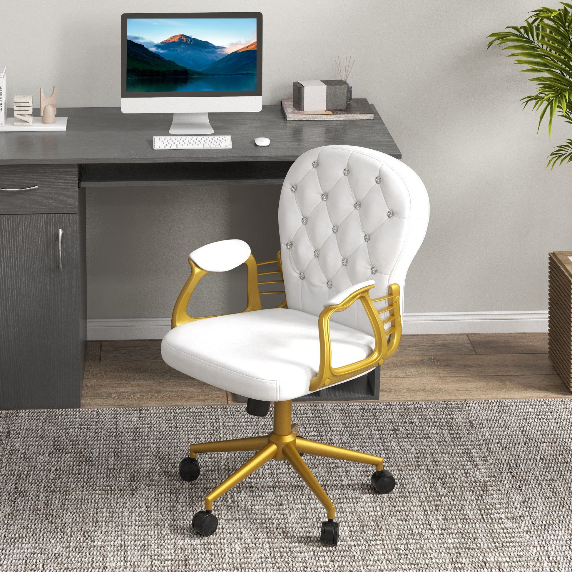 Velvet Office Desk Chair Button Tufted Vanity Chair with Swivel Wheels, Adjustable Height and Tilt Function, Cream White at Gallery Canada