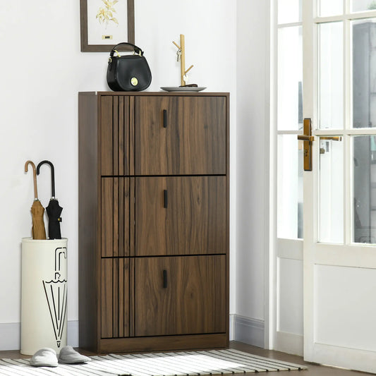 Shoe Storage Cabinet, 18 Pairs, 3 Flip Drawers, Adjustable Shelves, Walnut Shoe Storage Cabinets & Racks Walnut at Gallery Canada