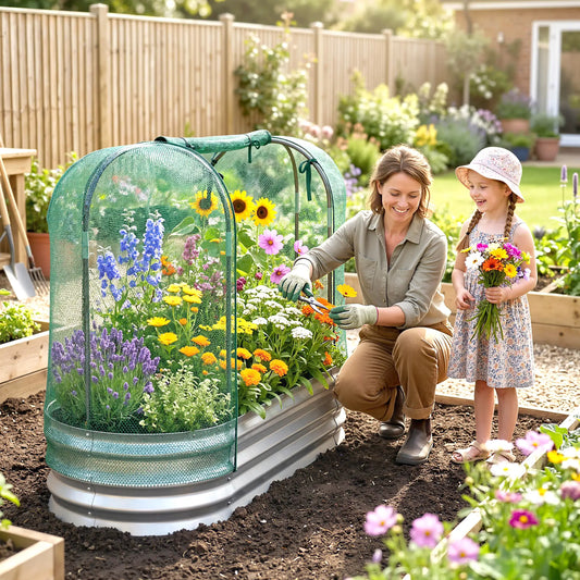 Galvanized Raised Garden Bed, Crop Cage Net Cover, Outdoor Planter Box Raised Garden Beds Silver, Green at Gallery Canada