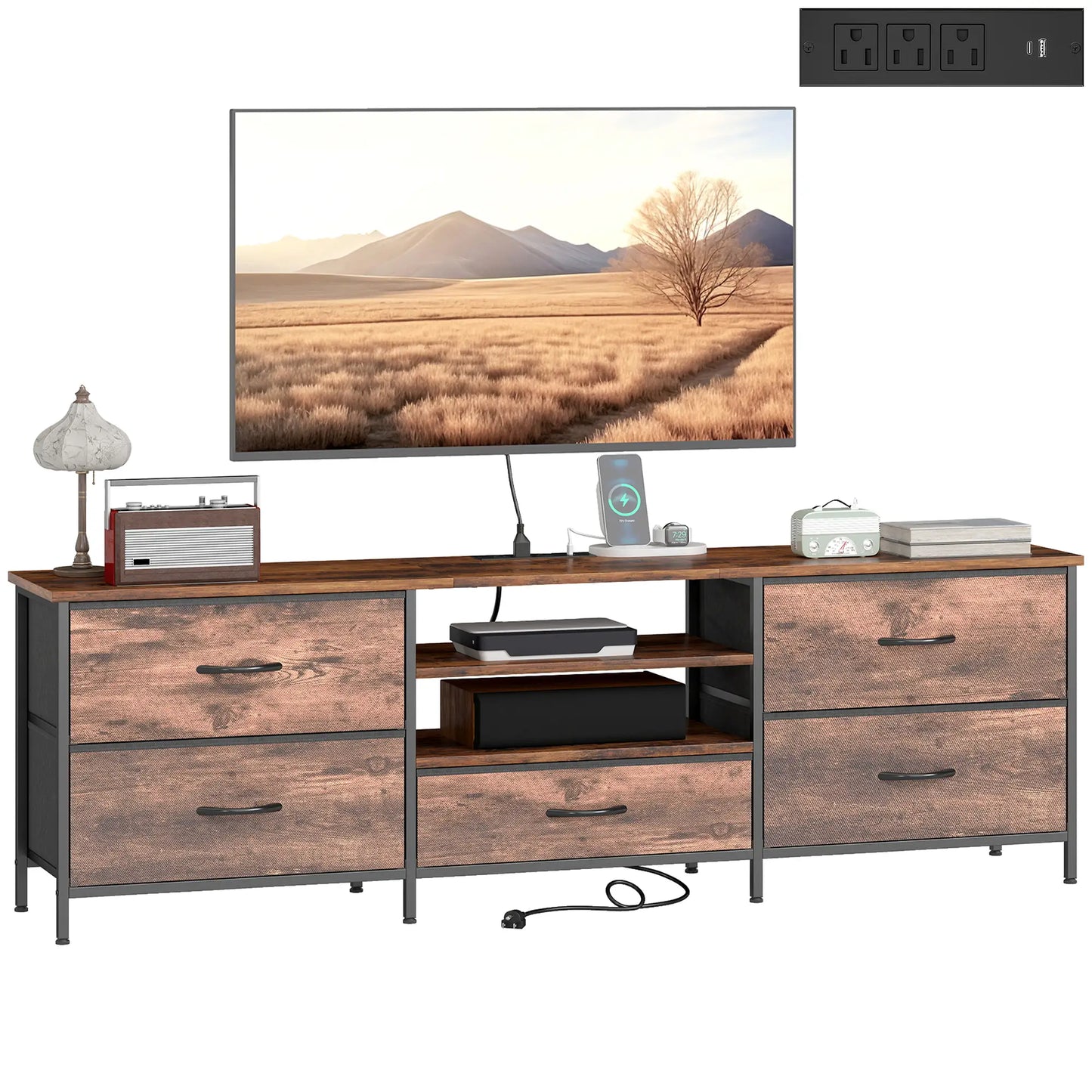 TV Stand For 70 Inch TVs, Industrial Console With Charging Station, 5 Drawers, Rustic Brown TV Stands at Gallery Canada