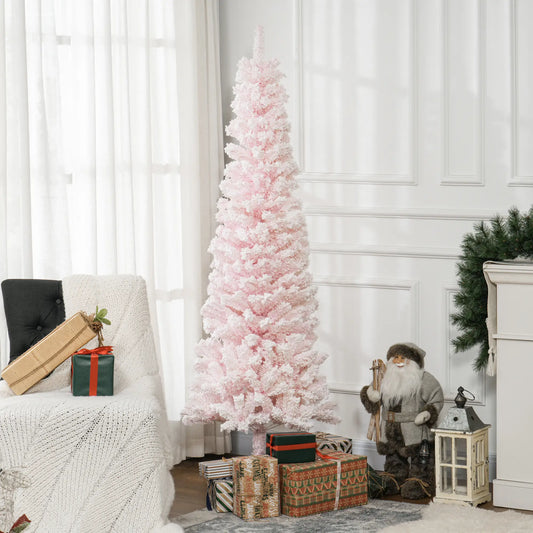 6ft Flocked Pencil Christmas Tree, Realistic Branch Tips, Pink