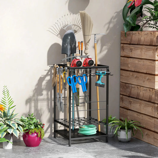 3-Tier Yard Tool Rack, Garden Organizer with 14 Hooks, Black