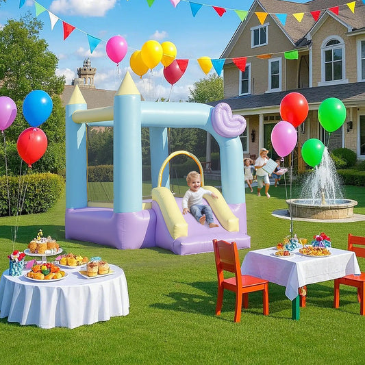 Inflatable Bounce House with Blower, Slide, 98" x 65" x 79", Kids Ages 3-8 Inflatables Multi Colour at Gallery Canada