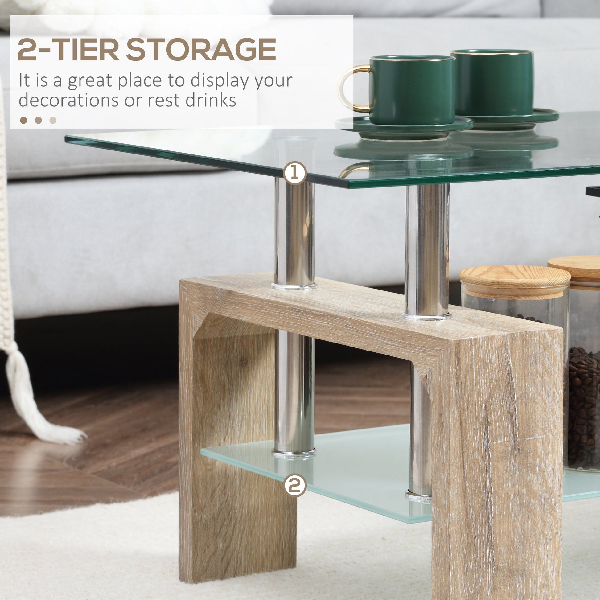 Rectangle Glass Coffee Table, 2-Tier Center Table with Tempered Glass Top and Storage Shelf for Living Room, Natural at Gallery Canada