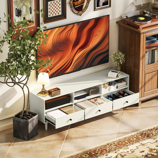 TV Stand for 75 Inches, 3 Storage Shelves, 3 Drawers, White TV Stands White at Gallery Canada