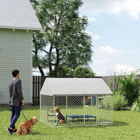 Outdoor Dog Kennel, Waterproof Anti-UV Cover, Quick-Connect Frame, Secure Lock Houses, Kennels & Pens Silver at Gallery Canada