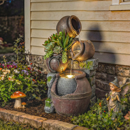 Outdoor Fountain, 4-Tier Rustic Pot, Cascading Rock Waterfall, LED Lights, Adjustable Flow Water Fountains Rustic Brown at Gallery Canada