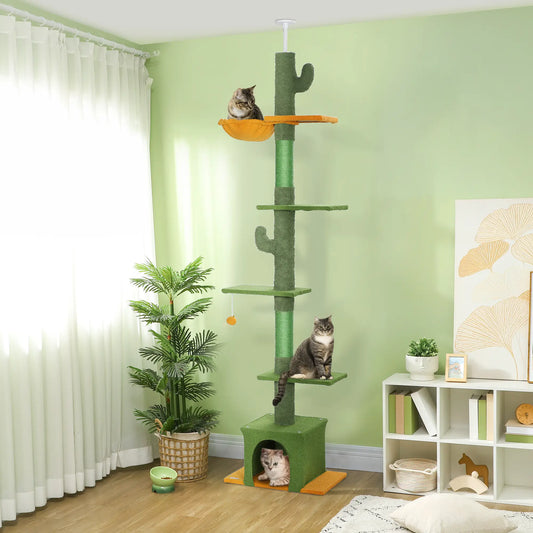 Adjustable Cat Tree Tower, 90.5"-108", Scratching Posts, Hammock, Green Floor to Ceiling Cat Trees Green at Gallery Canada
