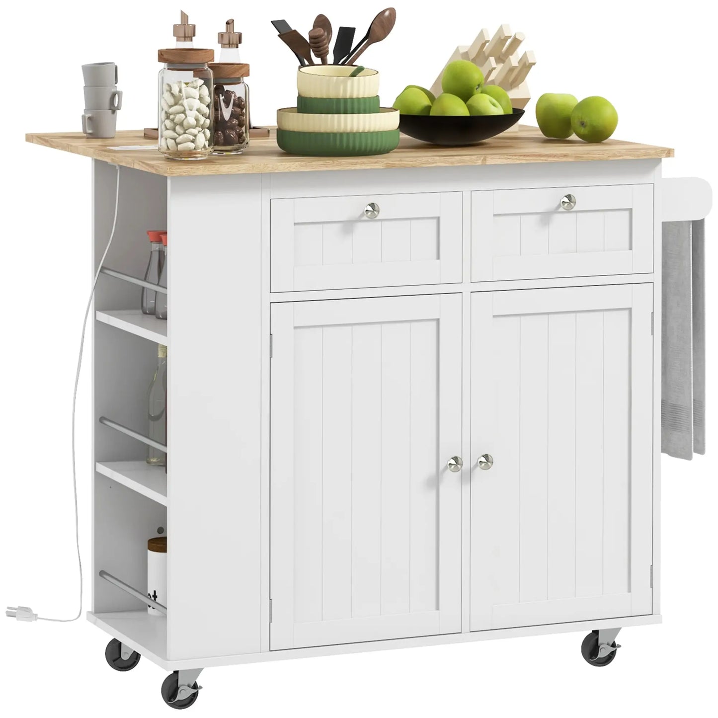 Kitchen Island with Power Outlet and Drop Leaf, Rolling Kitchen Cart with 2 Drawers and Adjustable Shelves, White Kitchen Islands & Kitchen Carts at Gallery Canada