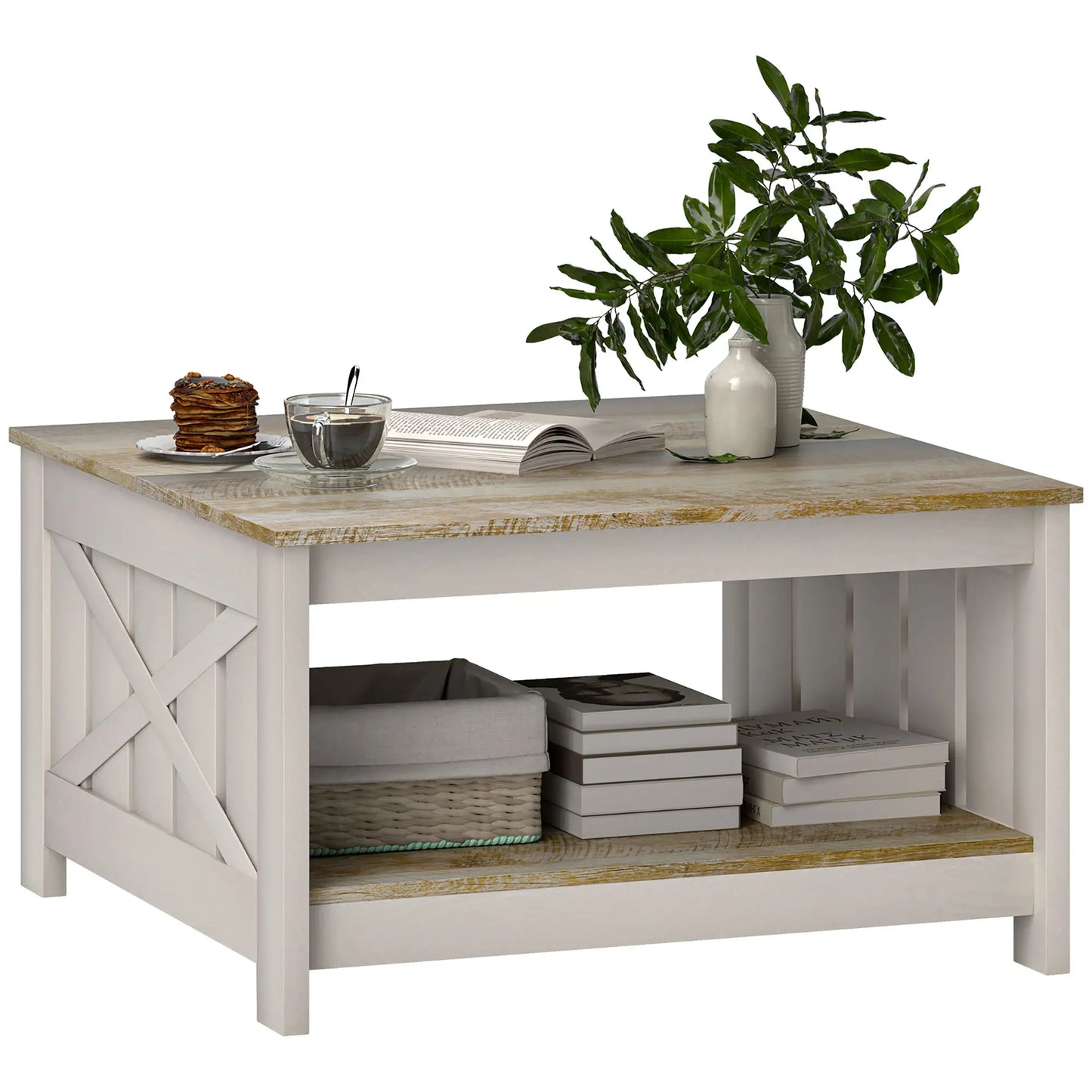 31.5" Square Coffee Table, Farmhouse 2-Tier, Distressed Oak Brown, Brown Coffee Tables at Gallery Canada