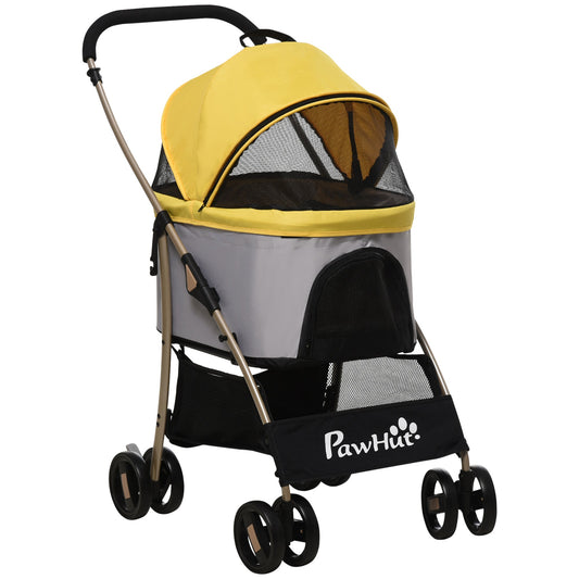 4 Wheels Pet Stroller, 3 in 1 Dog Cat Travel Folding Carrier, for Small Dogs, Detachable, w/ Brake, Canopy, Basket, Storage Bag - Yellow - Gallery Canada