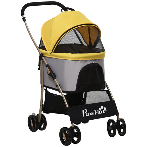 4 Wheels Pet Stroller, 3 in 1 Dog Cat Travel Folding Carrier, for Small Dogs, Detachable, w/ Brake, Canopy, Basket, Storage Bag - Yellow