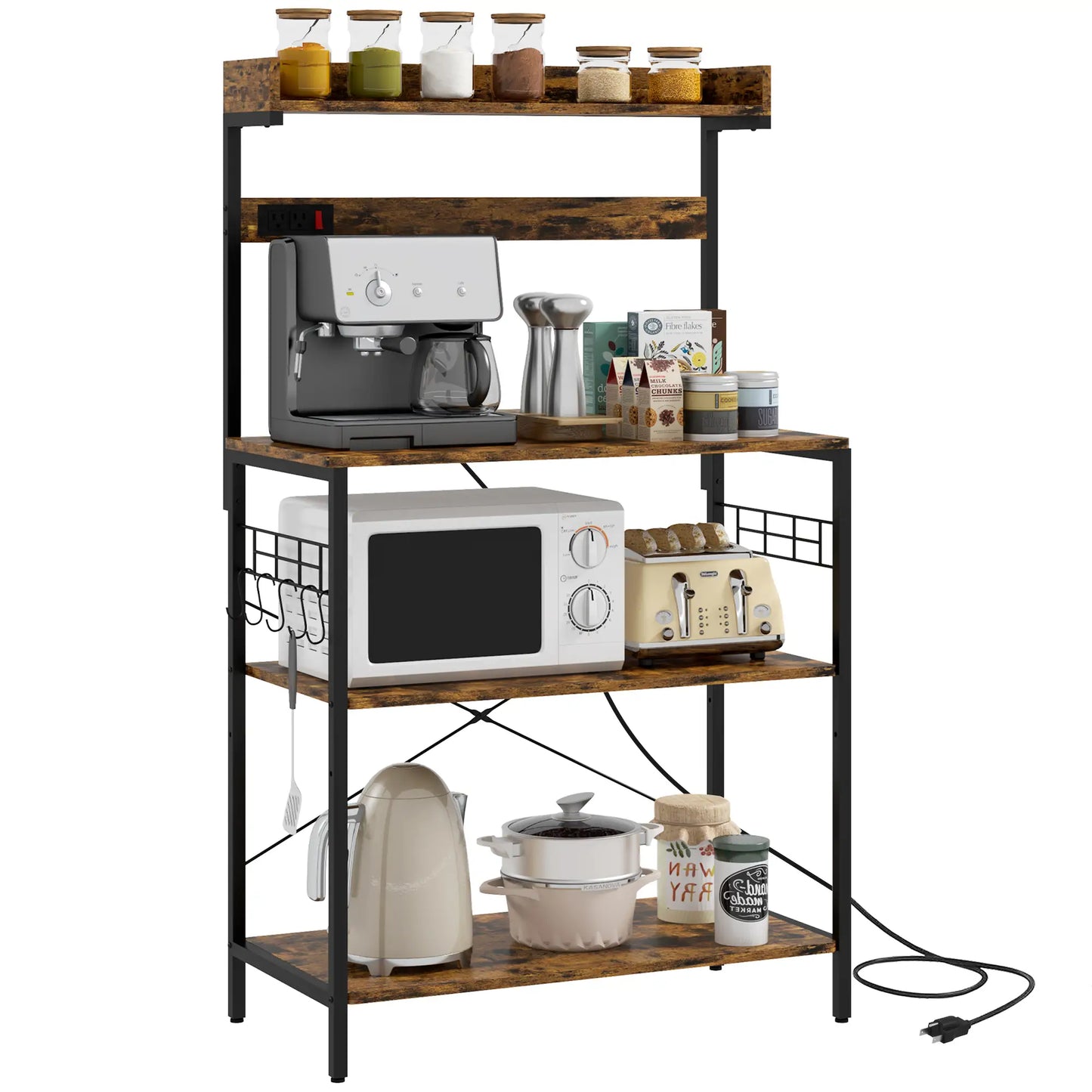 Kitchen Baker's Rack with Power Outlet, Coffee Bar Station with Adjustable Shelves and Hooks, Rustic Brown Bar Cabinets at Gallery Canada