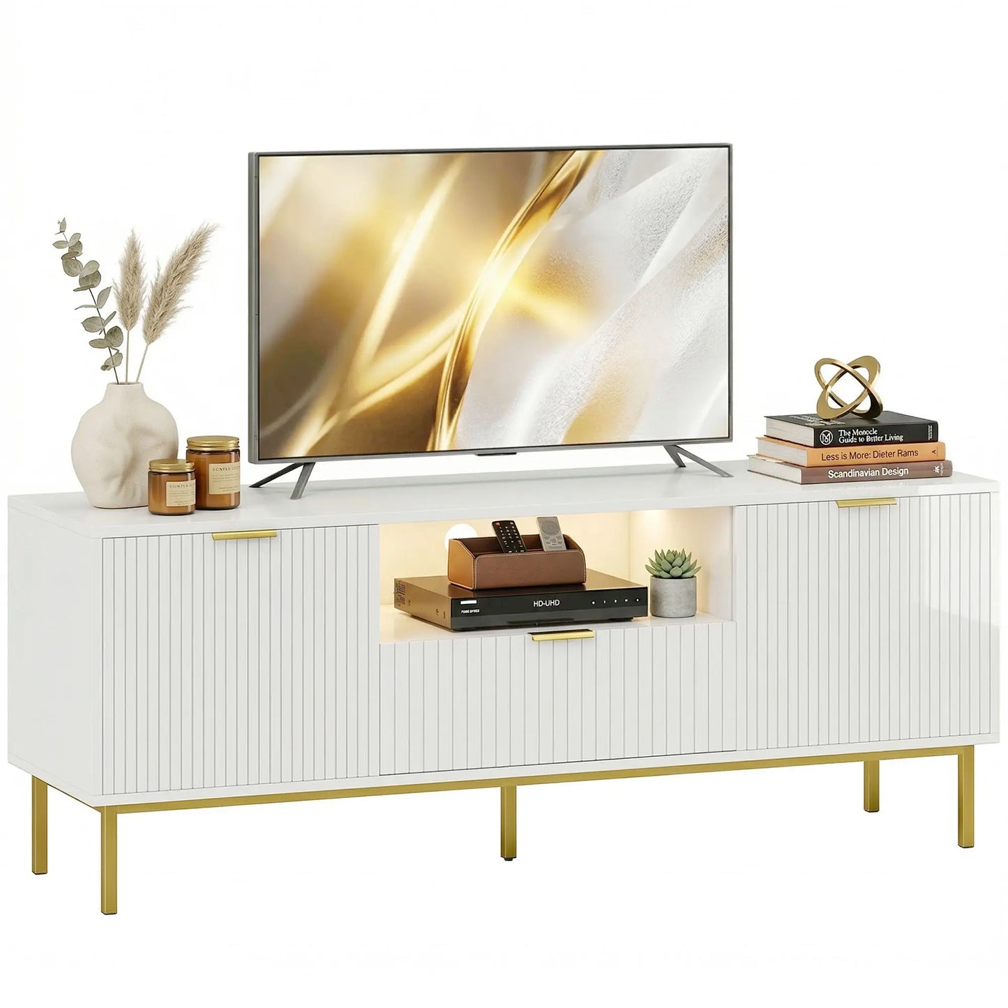 TV Console For 50 Inch TVs, Smart RGB LED Lights, Soft Close Doors, White TV Stands at Gallery Canada
