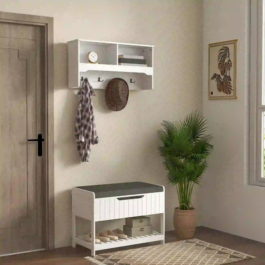 Wall Mounted Coat Rack, Shoe Storage Bench, Hall Tree, White Clothing Storage White at Gallery Canada