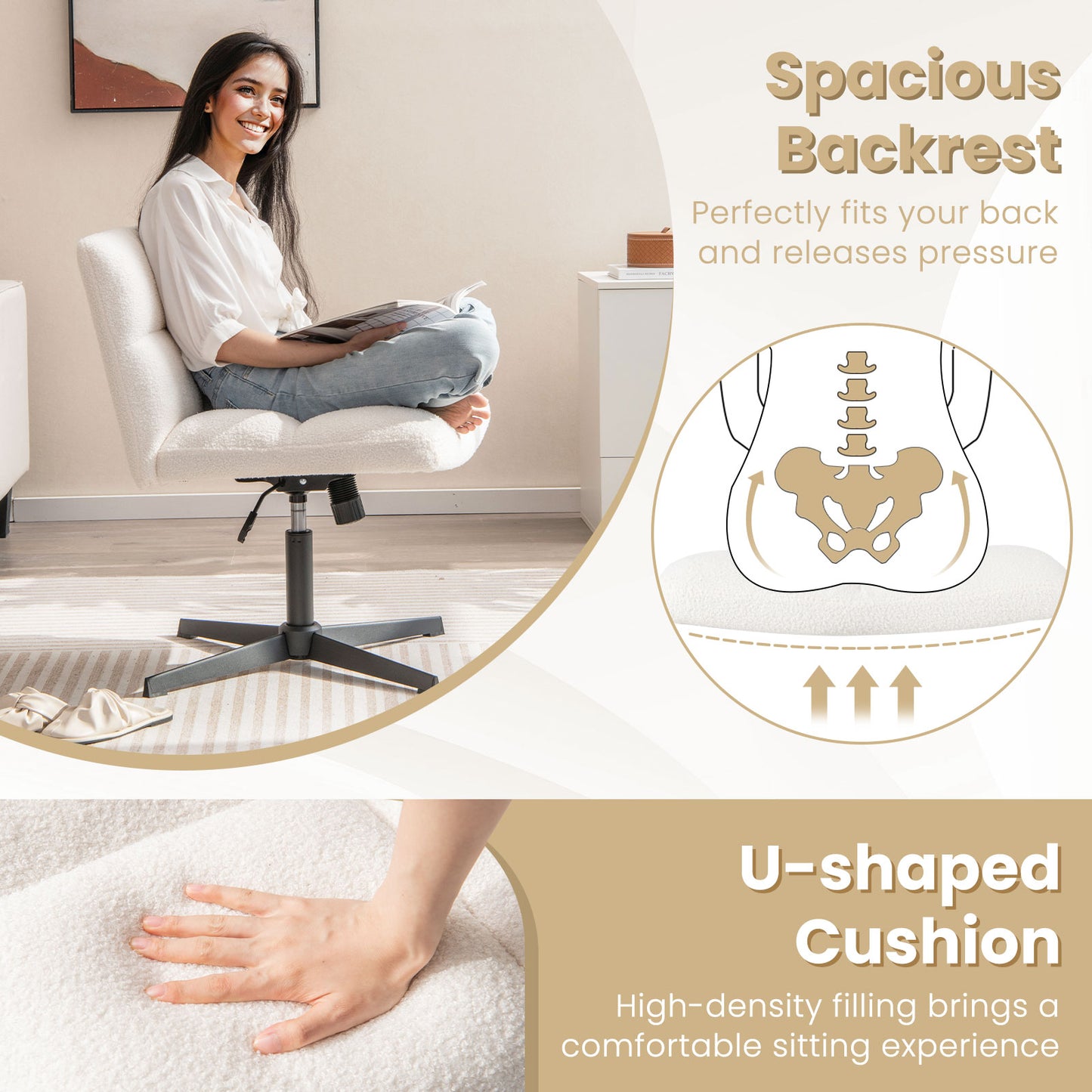 Office Armless Chair Cross Legged with Imitation Lamb Fleece and Adjustable Height, Beige Armless Chairs at Gallery Canada