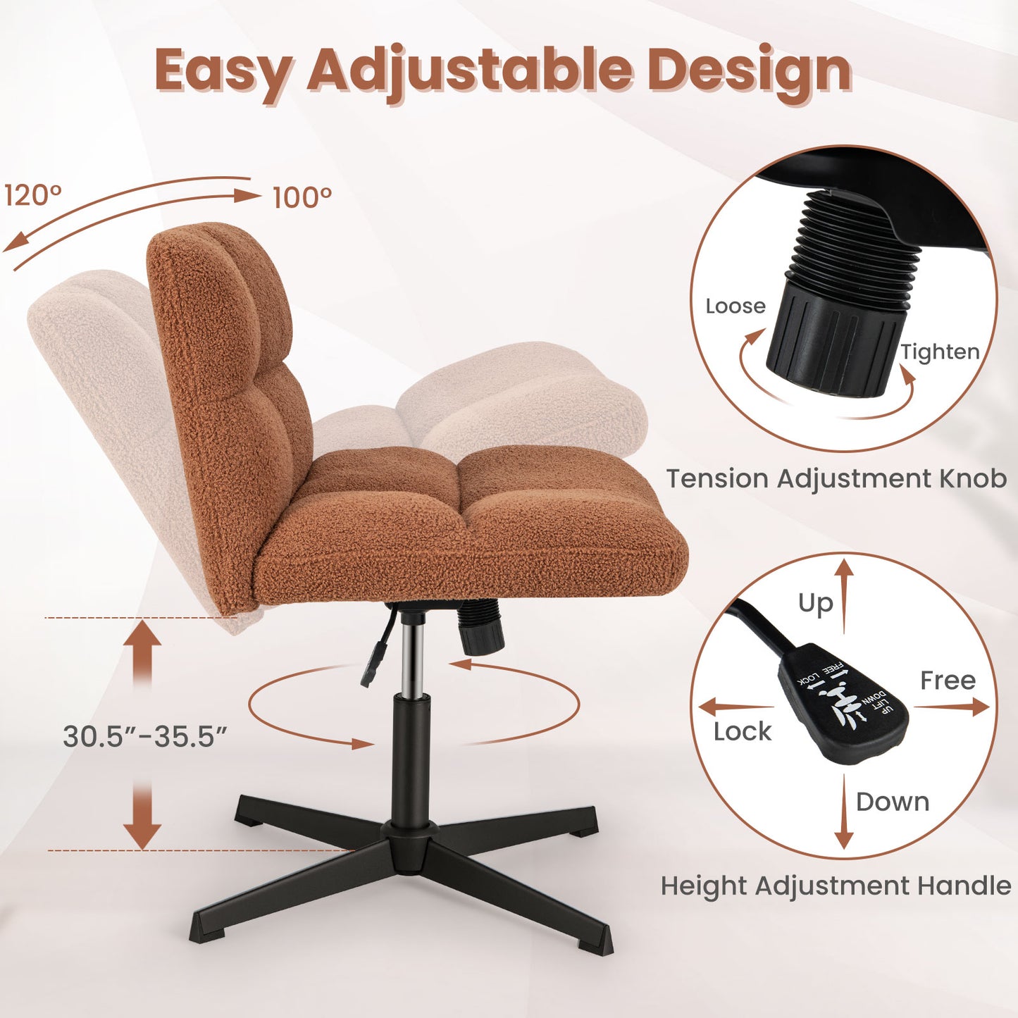 Office Armless Chair, Cross Legged, Imitation Lamb Fleece, Adjustable Height, Brown Armless Chairs at Gallery Canada