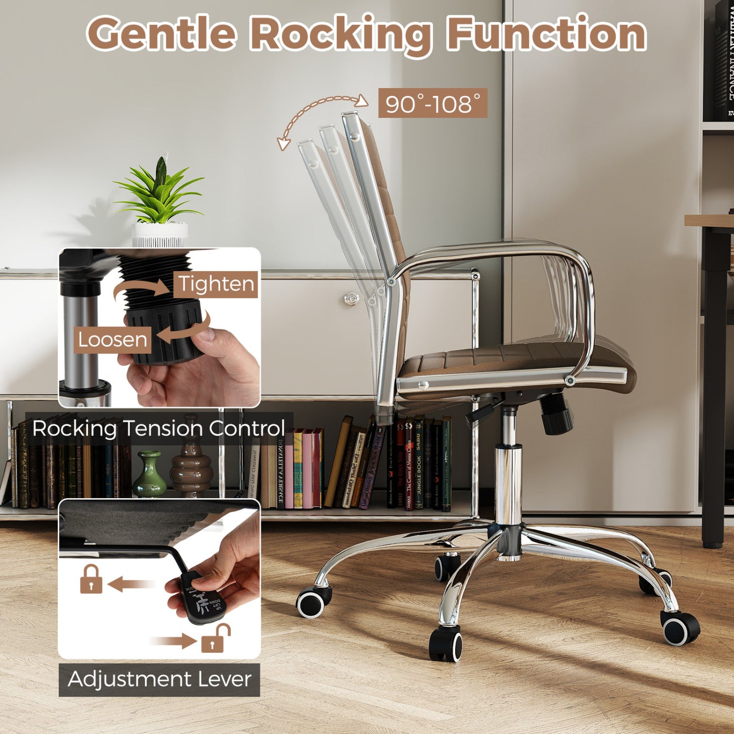 Height Adjustable Office Chair with Rocking Backrest, Brown
