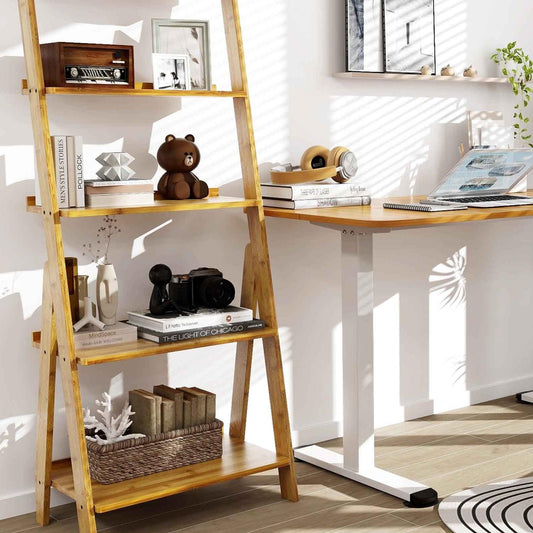 Office Set, 5-Tier Bamboo Ladder Shelf, Electric Standing Computer Desk