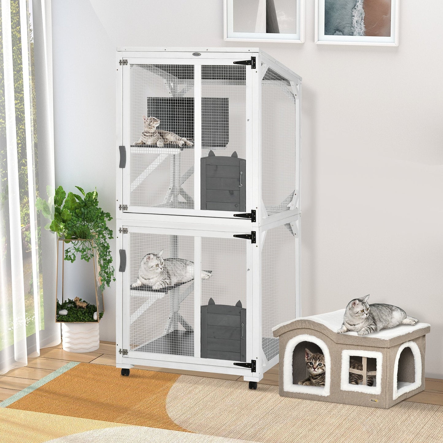 Catio Outdoor, Large Cat Enclosure, Wooden Kitten House, Elevated Design, with Wheels, Resting Box, Water-Resistant, Multi Platforms, for 1-3 Cats at Gallery Canada
