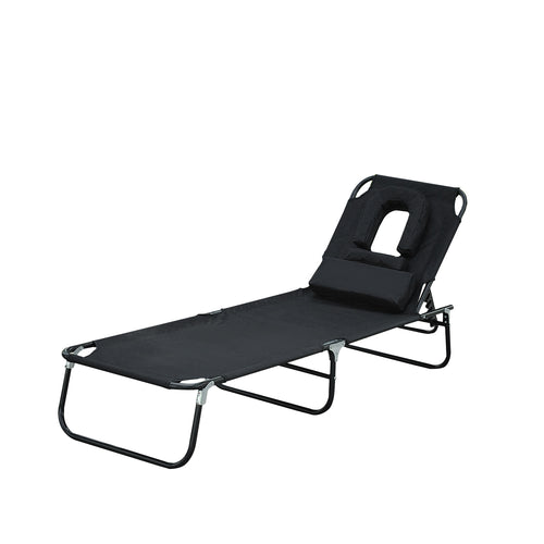 Adjustable Garden Sun Lounger w/ Reading Hole Outdoor Reclining Seat Folding Camping Beach Lounging Bed Black