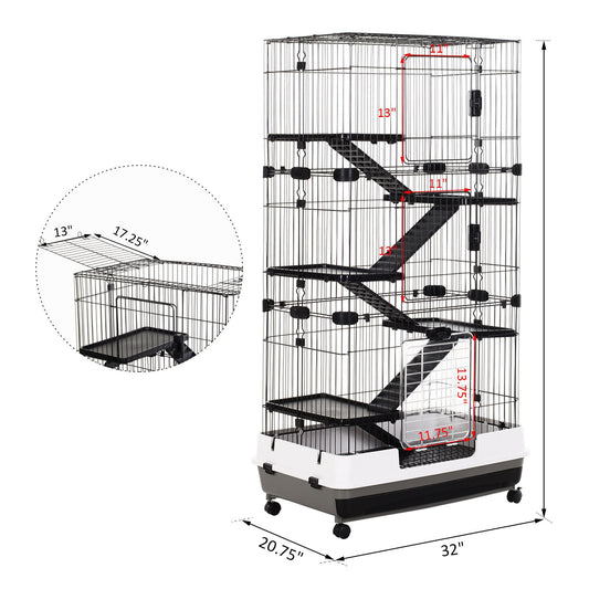 32"L 6-Level Small Animal Cage Rabbit Hutch with Universal Lockable Wheels, Slide-Out Tray for Bunny, Chinchillas, Ferret, Black - Gallery Canada