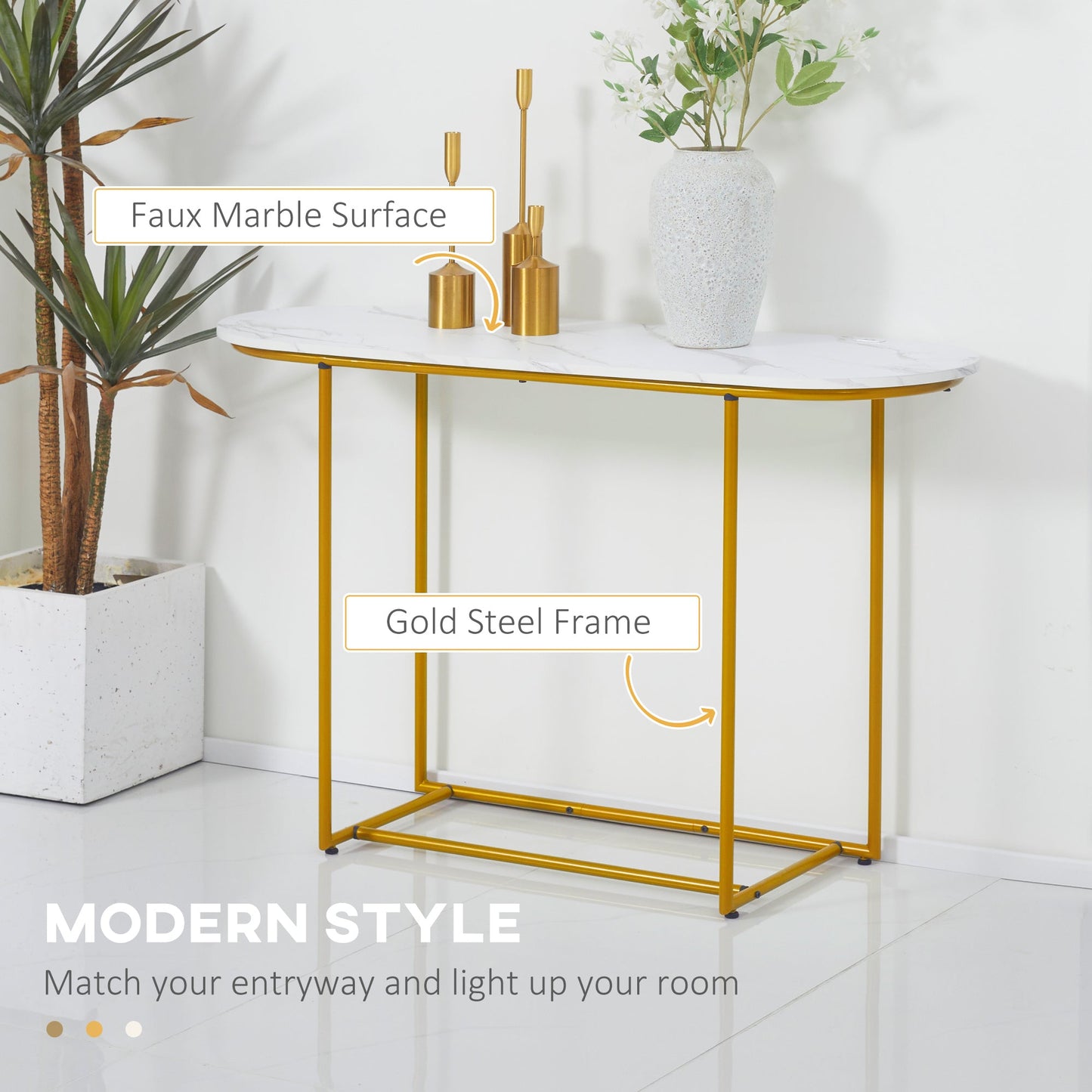 47" Console Table, Modern Sofa Table with Gold Steel Legs for Entryway, Living Room and Bedroom, White and Gold at Gallery Canada