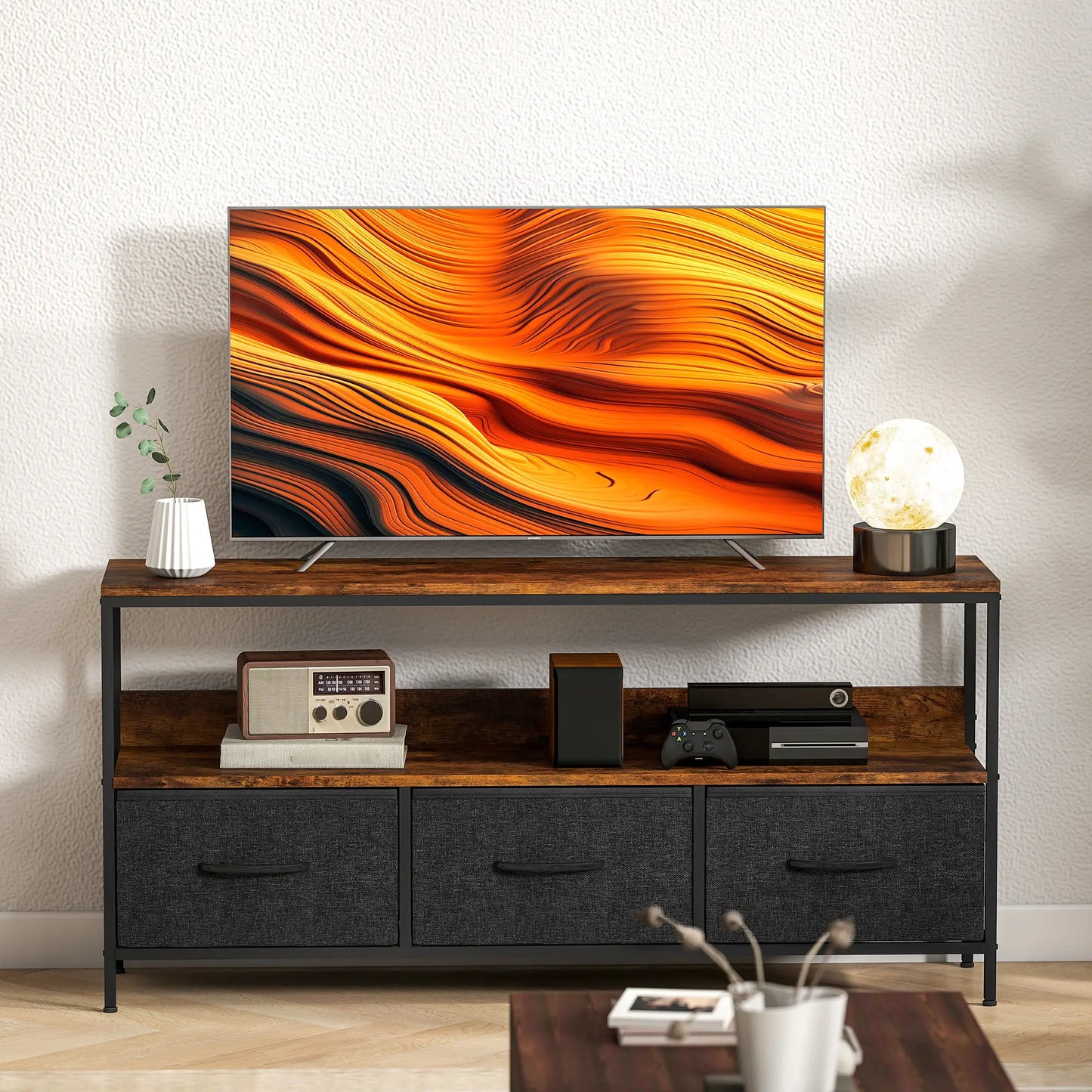 TV Stand with Charging Station, 3 Foldable Drawers, 55 Inch, Rustic Brown TV Stands at Gallery Canada