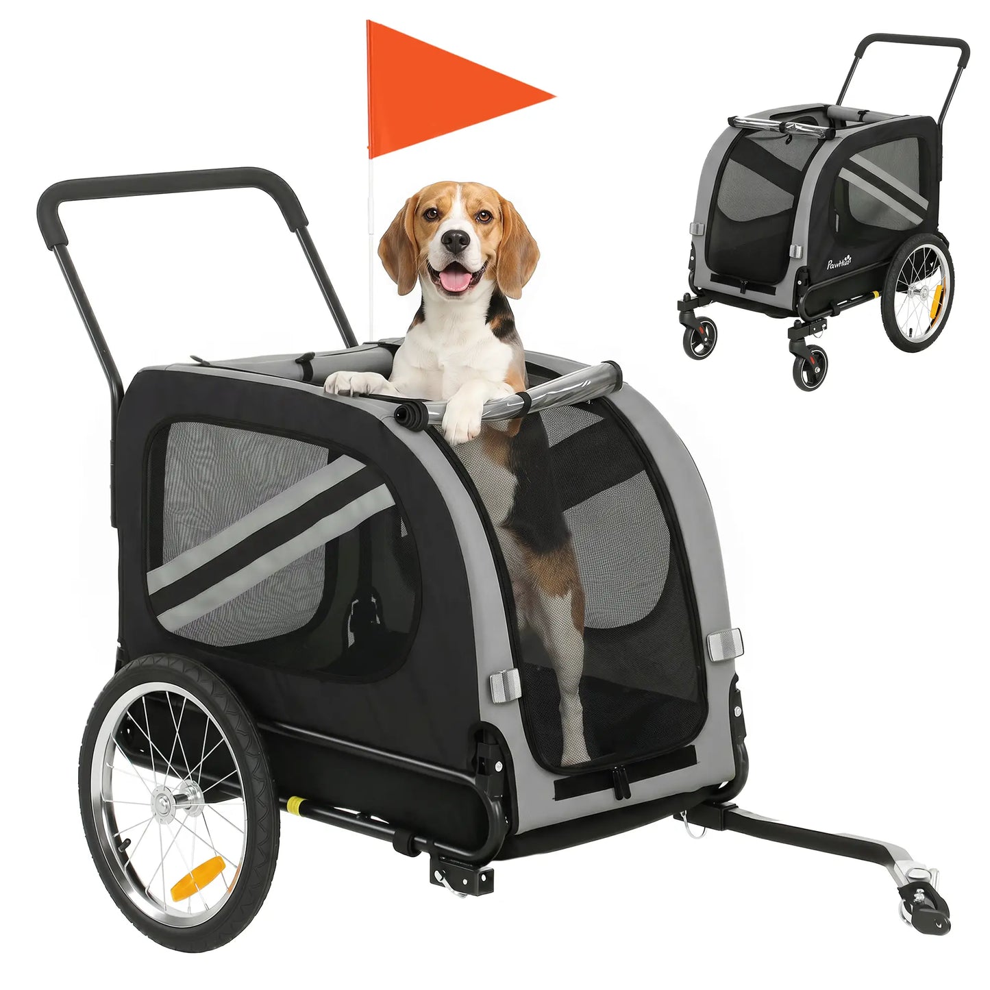 2-in-1 Dog Bike Trailer, Stroller With Reflectors Flag, Grey