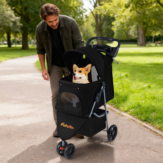 Folding Pet Stroller, Adjustable Canopy, Black Dog Supplies Black at Gallery Canada