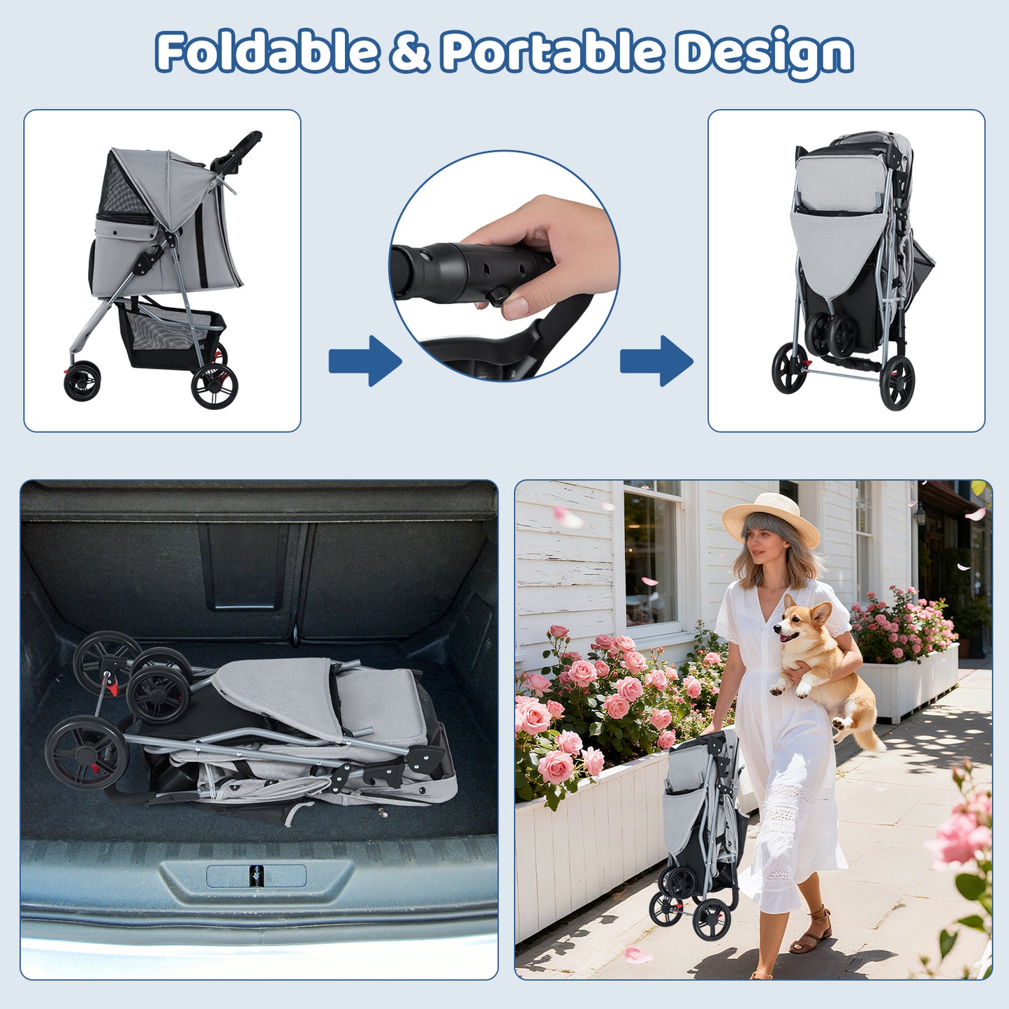 Folding Pet Stroller, Lightweight Cat Cart, Adjustable Canopy, Gray Dog Supplies at Gallery Canada