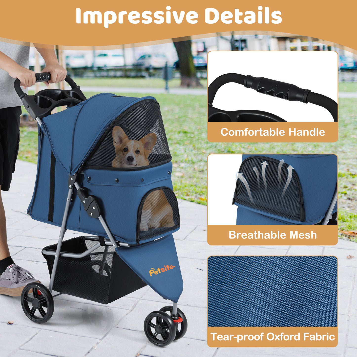 One-Click Folding Pet Stroller, Lightweight Cat Cart, Adjustable Canopy, Navy Dog Supplies at Gallery Canada