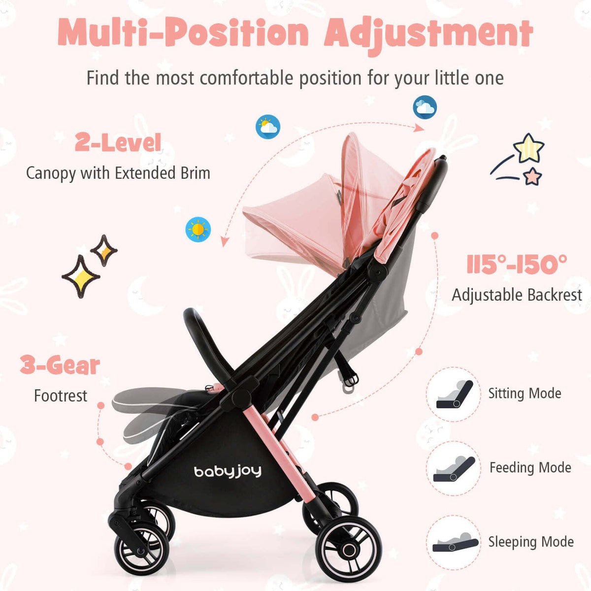 Lightweight Folding Baby Stroller, Aluminum Frame, Pink