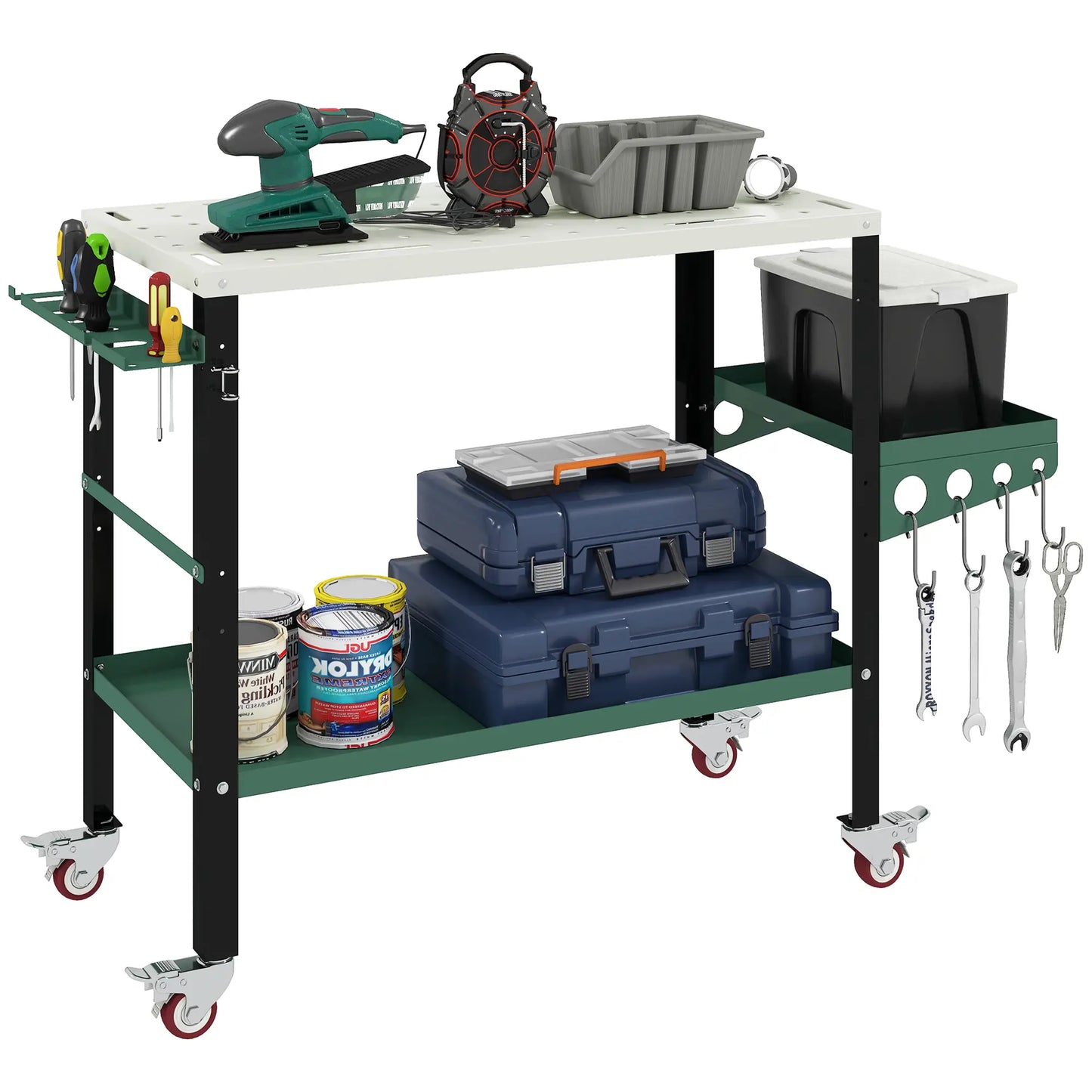 2Tier Rolling Tool Cart with Wheels, Lockable Steel Heavy Duty Cart with Side Tray, Silver &; Green Tool Organizers at Gallery Canada