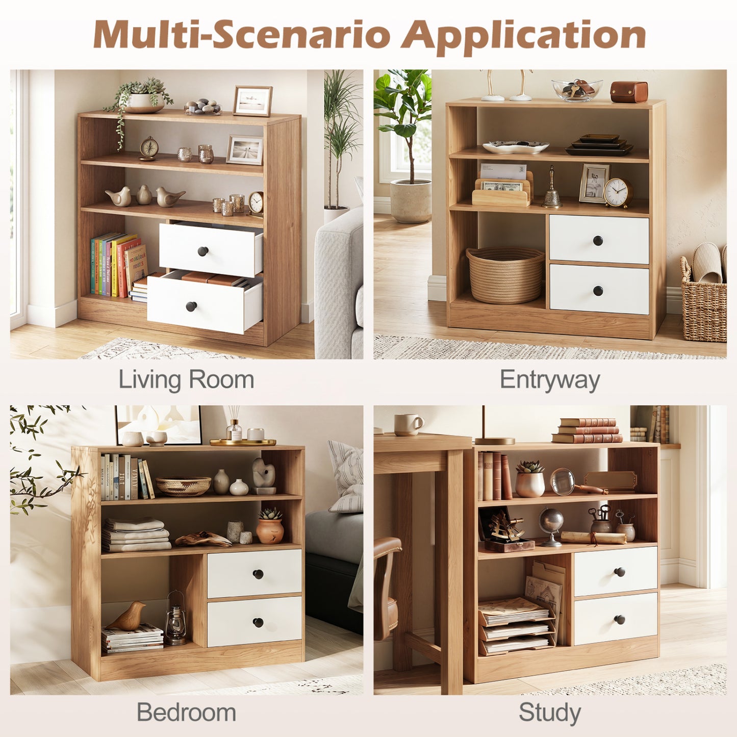 Open Storage Cabinet with 3 Open Compartments and 2 Drawer, Natural Furniture at Gallery Canada