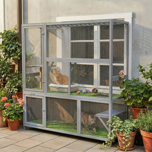 Wooden Catio, 77"H Cat House With Roof, Platforms, Scratching Post Outdoor Cat Enclosures Light Grey, Transparent, Green at Gallery Canada