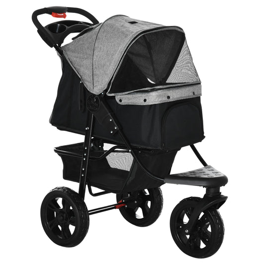 3 Wheel Folding Dog Stroller, Jogger Travel Carrier with Adjustable Canopy, Storage Brake, Mesh Window for S&;M Dogs Grey - Gallery Canada