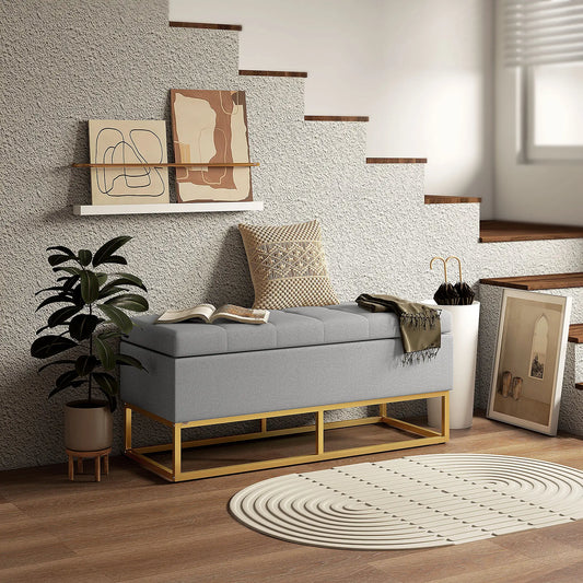 Flip Top Storage Ottoman, Upholstered Bench, Linen Footstool, Grey Storage Ottomans & Benches Grey at Gallery Canada