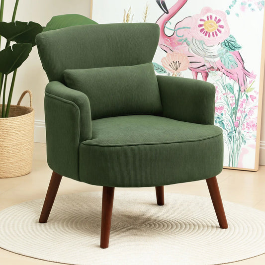 Modern Accent Chair, Upholstered Armchair, Solid Wood Legs, Lumbar Pillow, Green Accent Chairs Green at Gallery Canada
