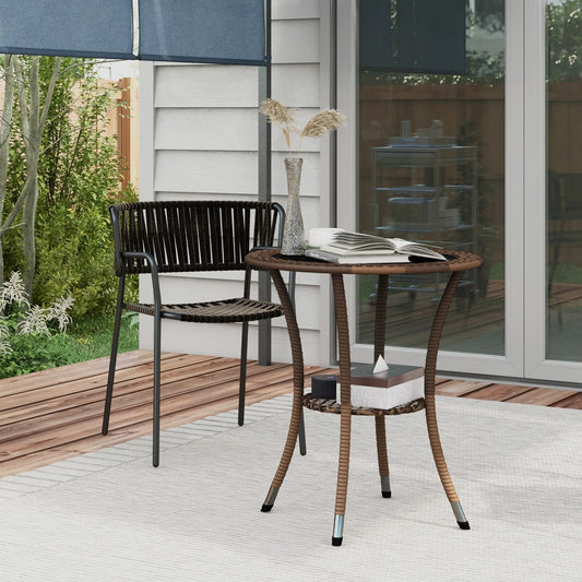 Outdoor Rattan Dining Table, Round Wicker Coffee Table with 2-Tier Shelf, Brown Patio Dinning Tables Brown, Black at Gallery Canada