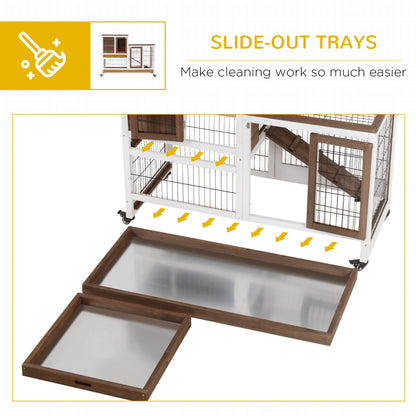 Rabbit Hutch Indoor Bunny Cage Guinea Pig House on Wheels with Run, Pull Out Trays, Brown and White at Gallery Canada