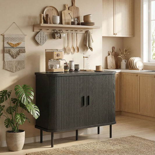 35.4" Sideboard Buffet Cabinet, Slatted Tambour Doors, Metal Legs, Black