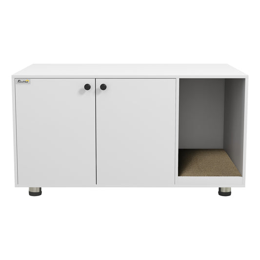 Litter Box Furniture Hidden Cat Washroom Furniture with Double Doors and Scratching Pad, White - Gallery Canada
